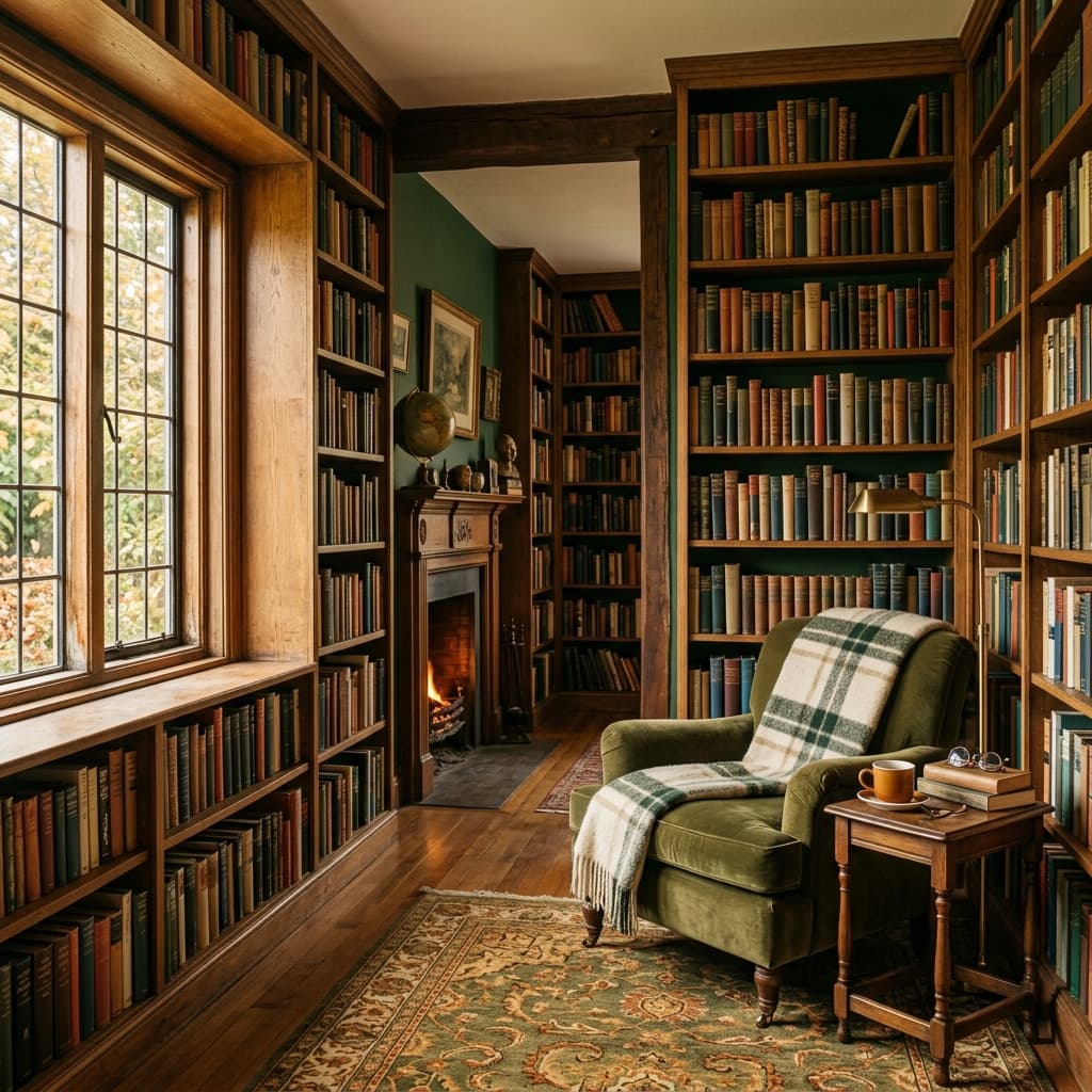Cozy library with bookshelves